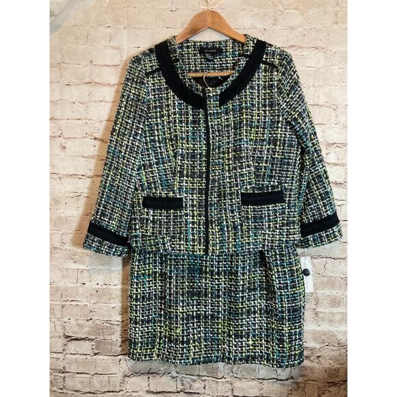 SANDRO Tweed Skirt Suit Womens Large Turquoise 2 Piece Set Career A Line - Picture 1 of 16